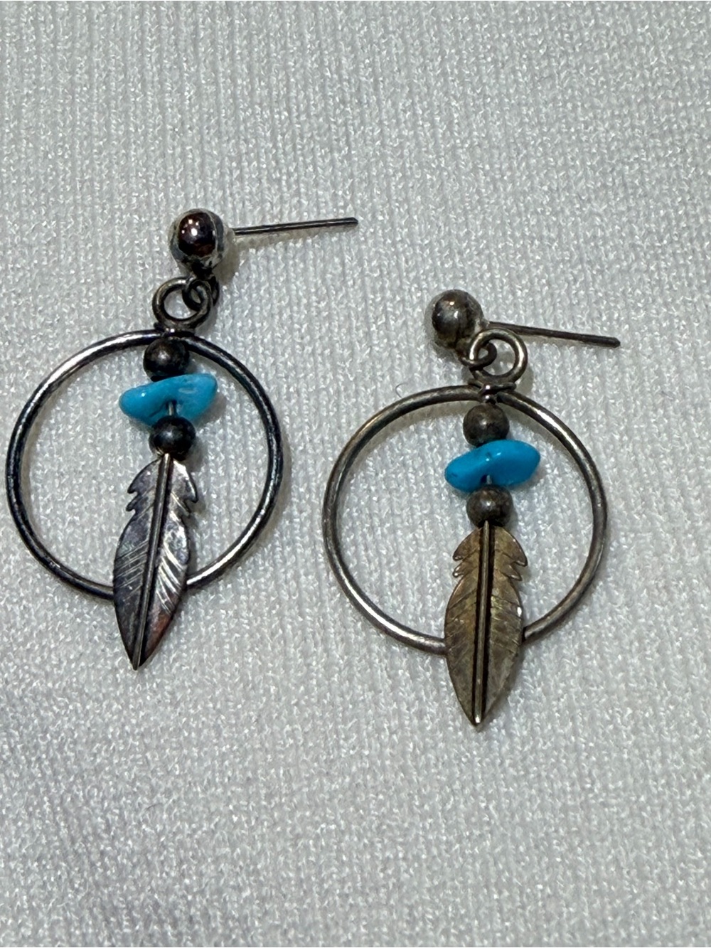 Running bear 925 silver Turquoise Feather Hoop Drop Earrings - Women Jewelry